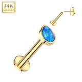 14K Solid Gold Threadless Labret Flat Back Stud with Teardrop Opal Top