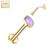 14K Solid Gold Threadless Labret Flat Back Stud with Teardrop Opal Top