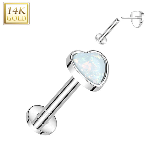 14K Solid Gold Threadless Labret Flat Back Stud with Heart Opal Top