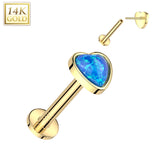 14K Solid Gold Threadless Labret Flat Back Stud with Heart Opal Top