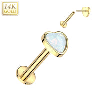 14K Solid Gold Threadless Labret Flat Back Stud with Heart Opal Top