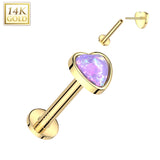 14K Solid Gold Threadless Labret Flat Back Stud with Heart Opal Top