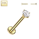 14K Solid Gold Threadless Push In Nose Stud With Prong CZ Top 20G