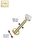 14K Solid Gold Threadless Push In Nose Stud With Prong CZ Top 20G