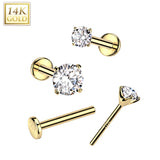 14K Solid Gold Threadless Push In Nose Stud With Prong CZ Top 20G