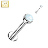 14K Solid Gold Internally Threaded Labret Stud Bezel Opal Top Tragus