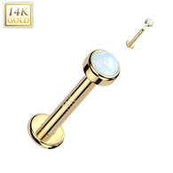 14K Solid Gold Internally Threaded Labret Stud Bezel Opal Top Tragus