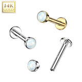 14K Solid Gold Internally Threaded Labret Stud Bezel Opal Top Tragus