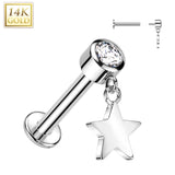 14K Solid Gold Labret Tragus Stud CZ Star Dangle Top Ear Cartilage