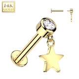 14K Solid Gold Labret Tragus Stud CZ Star Dangle Top Ear Cartilage