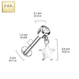 14K Solid Gold Labret Tragus Stud CZ Star Dangle Top Ear Cartilage