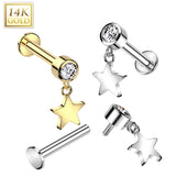 14K Solid Gold Labret Tragus Stud CZ Star Dangle Top Ear Cartilage