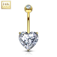 14K Solid Gold Prong  8mm Heart CZ Belly Button Navel Rings