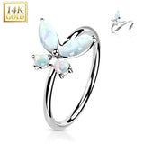 14K Solid Gold Opal or CZ Butterfly Nose Hoop Ring Ear Cartilage Tragus