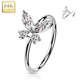 14K Solid Gold Opal or CZ Butterfly Nose Hoop Ring Ear Cartilage Tragus