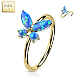 14K Solid Gold Opal or CZ Butterfly Nose Hoop Ring Ear Cartilage Tragus