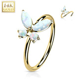 14K Solid Gold Opal or CZ Butterfly Nose Hoop Ring Ear Cartilage Tragus
