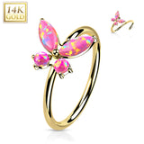 14K Solid Gold Opal or CZ Butterfly Nose Hoop Ring Ear Cartilage Tragus