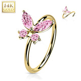 14K Solid Gold Opal or CZ Butterfly Nose Hoop Ring Ear Cartilage Tragus