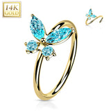 14K Solid Gold Opal or CZ Butterfly Nose Hoop Ring Ear Cartilage Tragus
