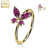 14K Solid Gold Opal or CZ Butterfly Nose Hoop Ring Ear Cartilage Tragus