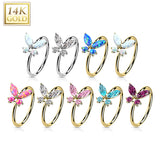 14K Solid Gold Opal or CZ Butterfly Nose Hoop Ring Ear Cartilage Tragus