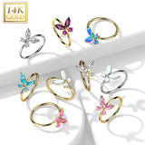 14K Solid Gold Opal or CZ Butterfly Nose Hoop Ring Ear Cartilage Tragus