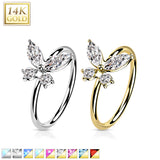 14K Solid Gold Opal or CZ Butterfly Nose Hoop Ring Ear Cartilage Tragus
