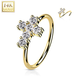 14K Solid Gold Opal or CZ Cross Nose Hoop Ring Ear Cartilage Tragus