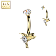 14K Gold Internally Threaded Hummingbird & TearDrop CZ  Belly Button Rings