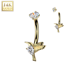 14K Gold Internally Threaded Hummingbird & TearDrop CZ  Belly Button Rings