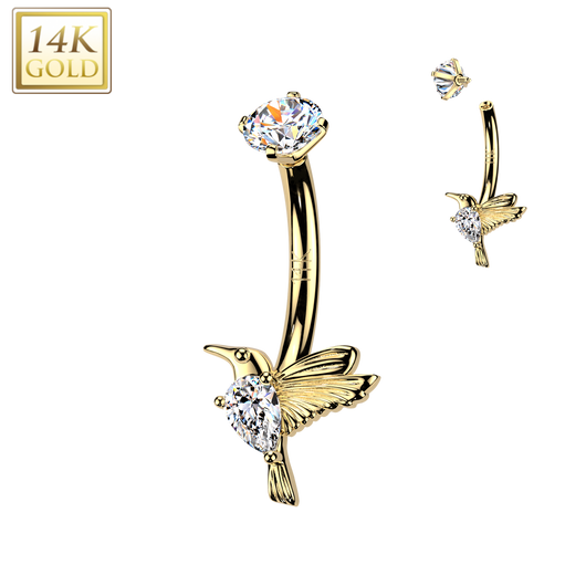 14K Gold Internally Threaded Hummingbird & TearDrop CZ  Belly Button Rings