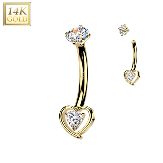 14K Gold Internally Threaded Heart Cut Out CZ Belly Button Navel Rings
