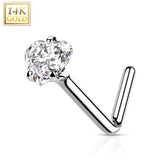 14K Solid Gold Heart CZ L Bend Nose Ring