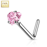 14K Solid Gold Heart CZ L Bend Nose Ring