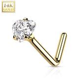 14K Solid Gold Heart CZ L Bend Nose Ring