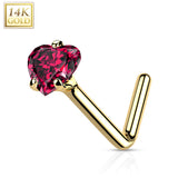 14K Solid Gold Heart CZ L Bend Nose Ring