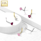 14K Solid Gold Heart CZ L Bend Nose Ring