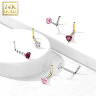 14K Solid Gold Heart CZ L Bend Nose Ring