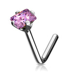 14K Solid Gold Square CZ L Bend Nose Ring