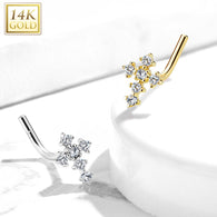 14K Solid Gold CZ Paved Gross Top L Bend Nose Ring