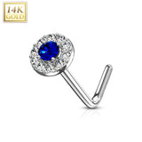 14K Solid Gold CZ Paved Round Top L Bend Nose Stud Ring