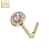 14K Solid Gold CZ Paved Round Top L Bend Nose Stud Ring