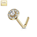 14K Solid Gold CZ Paved Round Top L Bend Nose Stud Ring