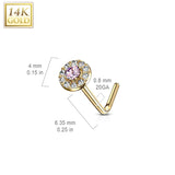 14K Solid Gold CZ Paved Round Top L Bend Nose Stud Ring