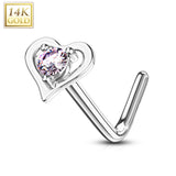 14K Solid Gold Hollow Heart With Round CZ L Bend Nose Stud Ring