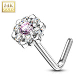 14K Solid Gold CZ Six Point Flower L Bend Nose Ring