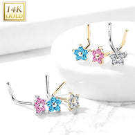 14K Solid Gold CZ Flower Top L Bend Nose Stud Ring