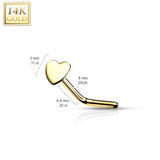 14K Solid Gold Heart Top L Bend Nose Stud Ring