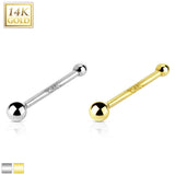 14K Solid Gold 2mm Ball Top Nose Stud Ring